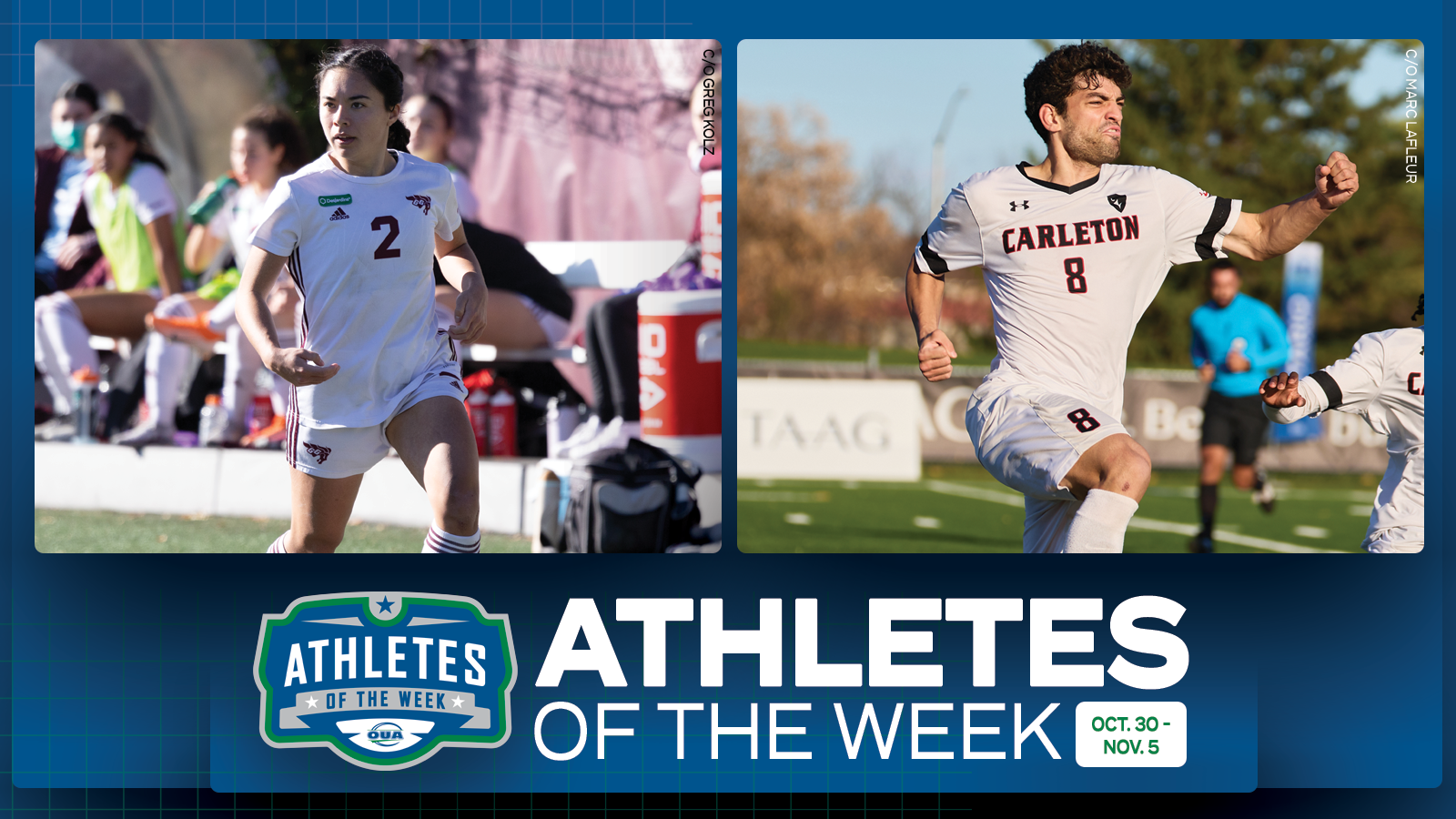 Graphic on predominantly blue background featuring side by side action photos of Ottawa women’s soccer player Jenna Matsukubo and Carleton men’s soccer player Luca Piccioli, with OUA Athletes of the Week logo and large white text that reads 'OUA Athletes of the Week' in the lower third