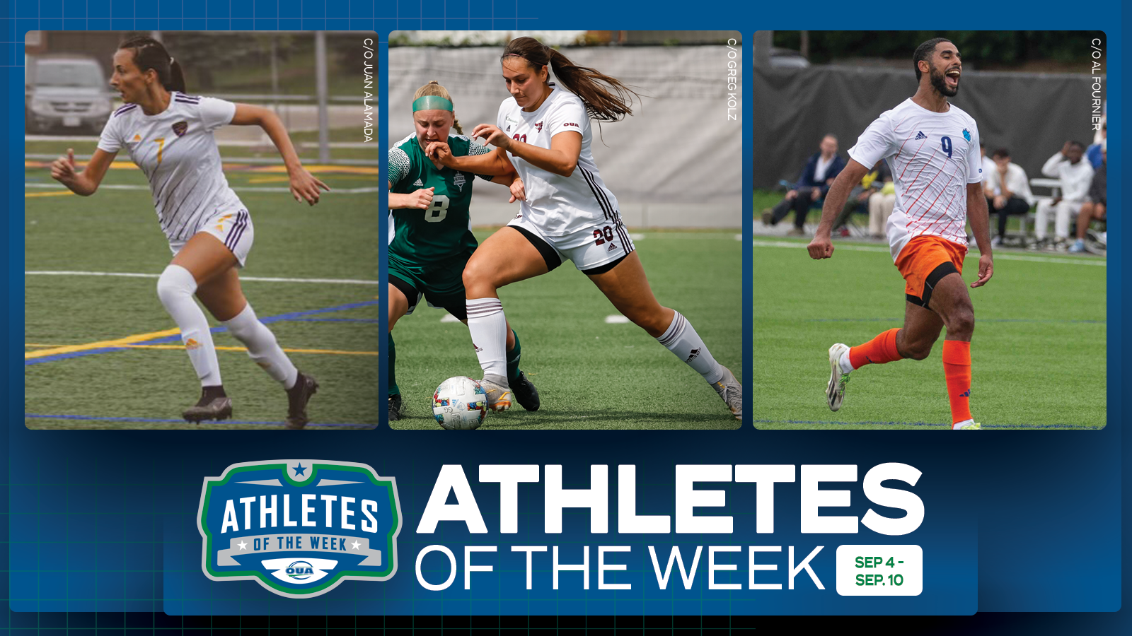Graphic on predominantly blue background featuring side by side action photos of Laurier women’s soccer player Lexi Kroeker, Ottawa women’s soccer player Cassandra Provost, and Ontario Tech men’s soccer player Omar Marzouk, with OUA Athletes of the Week logo and large white text that reads 'OUA Athletes of the Week' in the lower third