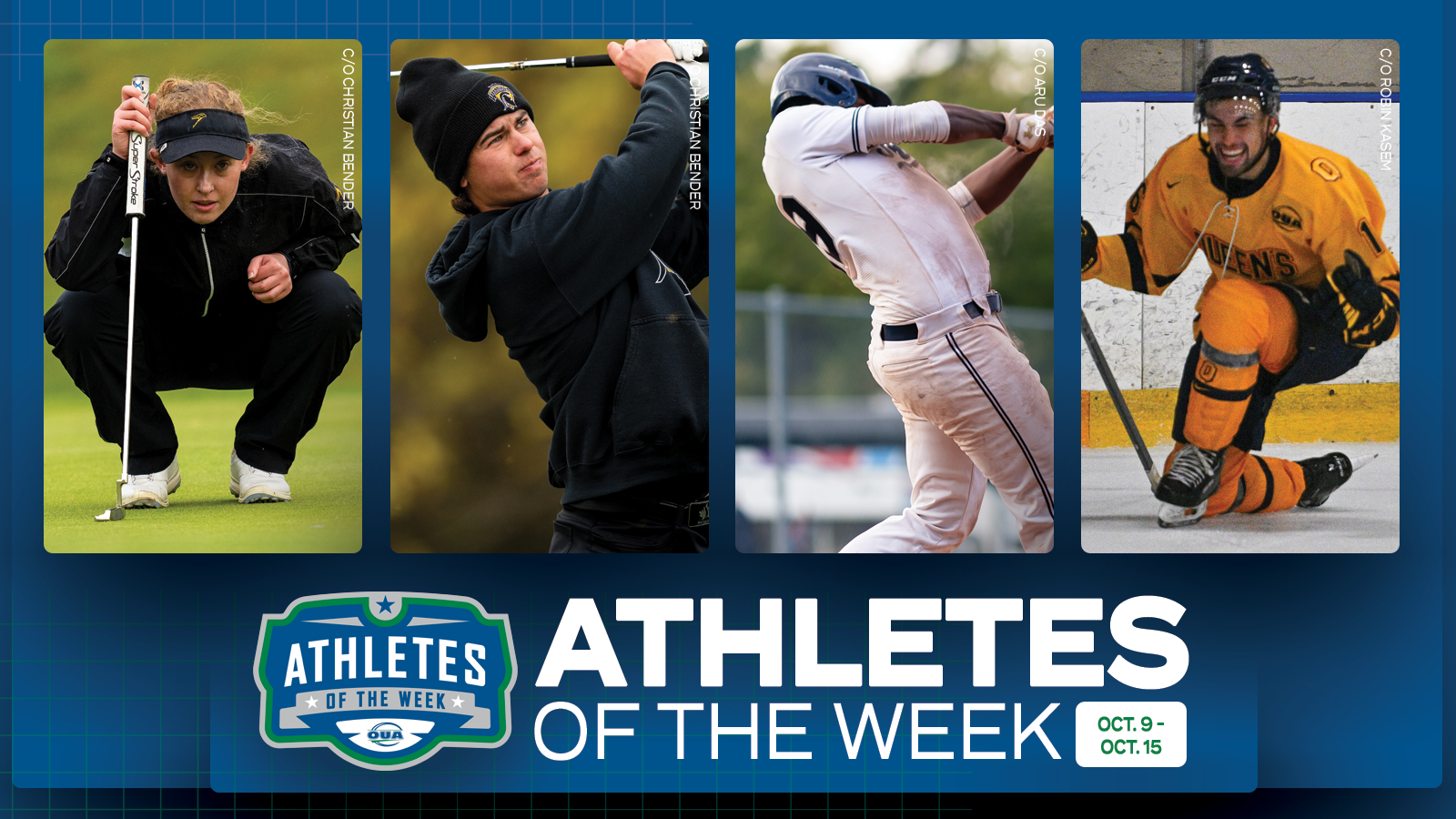 Blue background with our images, a logo and text. The images (from left to right) are a young woman crouching on a golf course looking forward and down while holding a golf club, a young man swinging a golf club (in motion), the side profile of a young man in a white baseball uniform swinging, a young man in a yellow and black uniform kneeling on an ice rink yelling