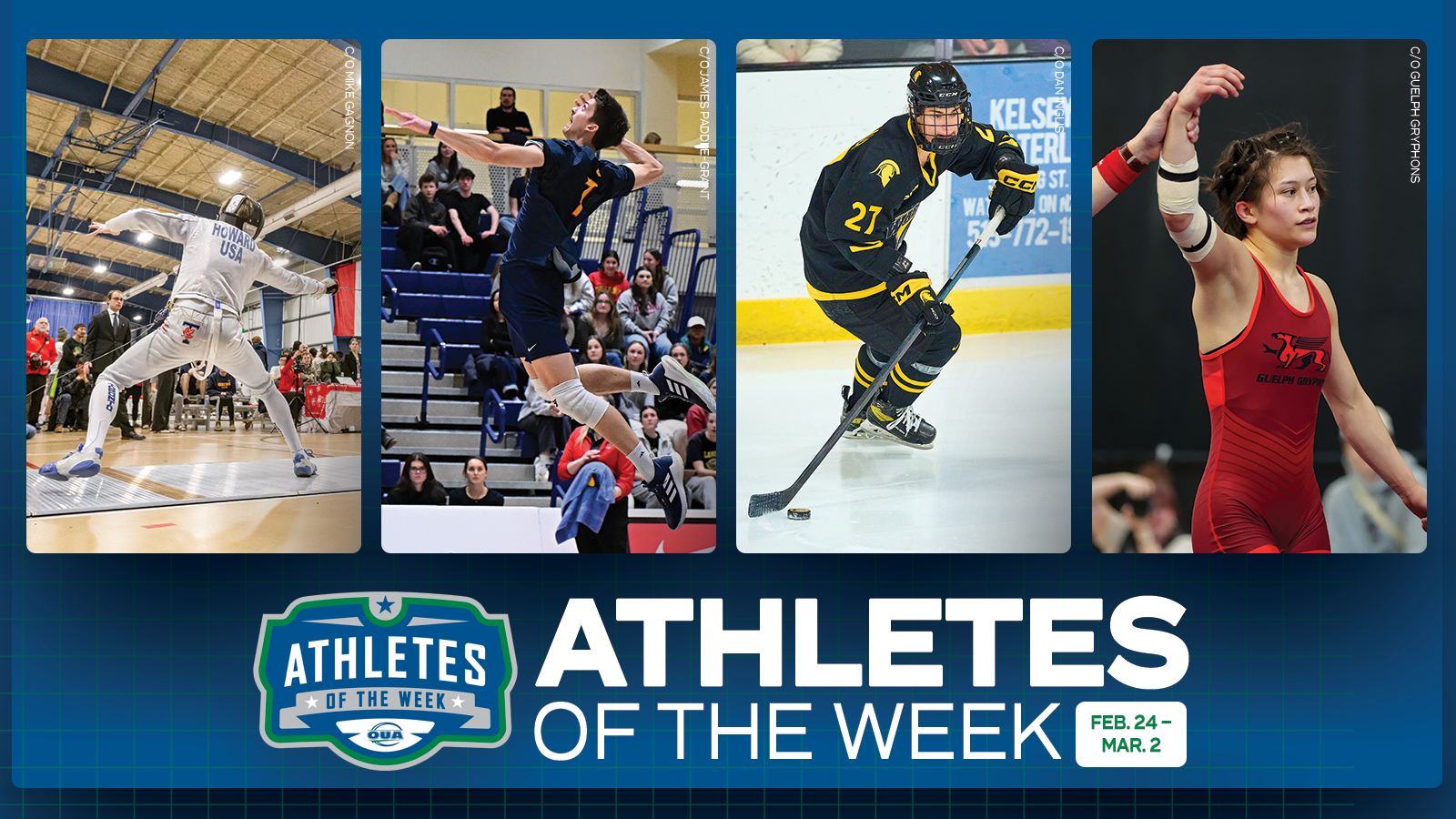 Graphic on predominantly blue background featuring action photo of Mike Howard, Zig Licis, Nikki McDonald, and Kelyn Young along with the OUA Athletes of the Week logo and large white 'Athletes of the Week' text on the side