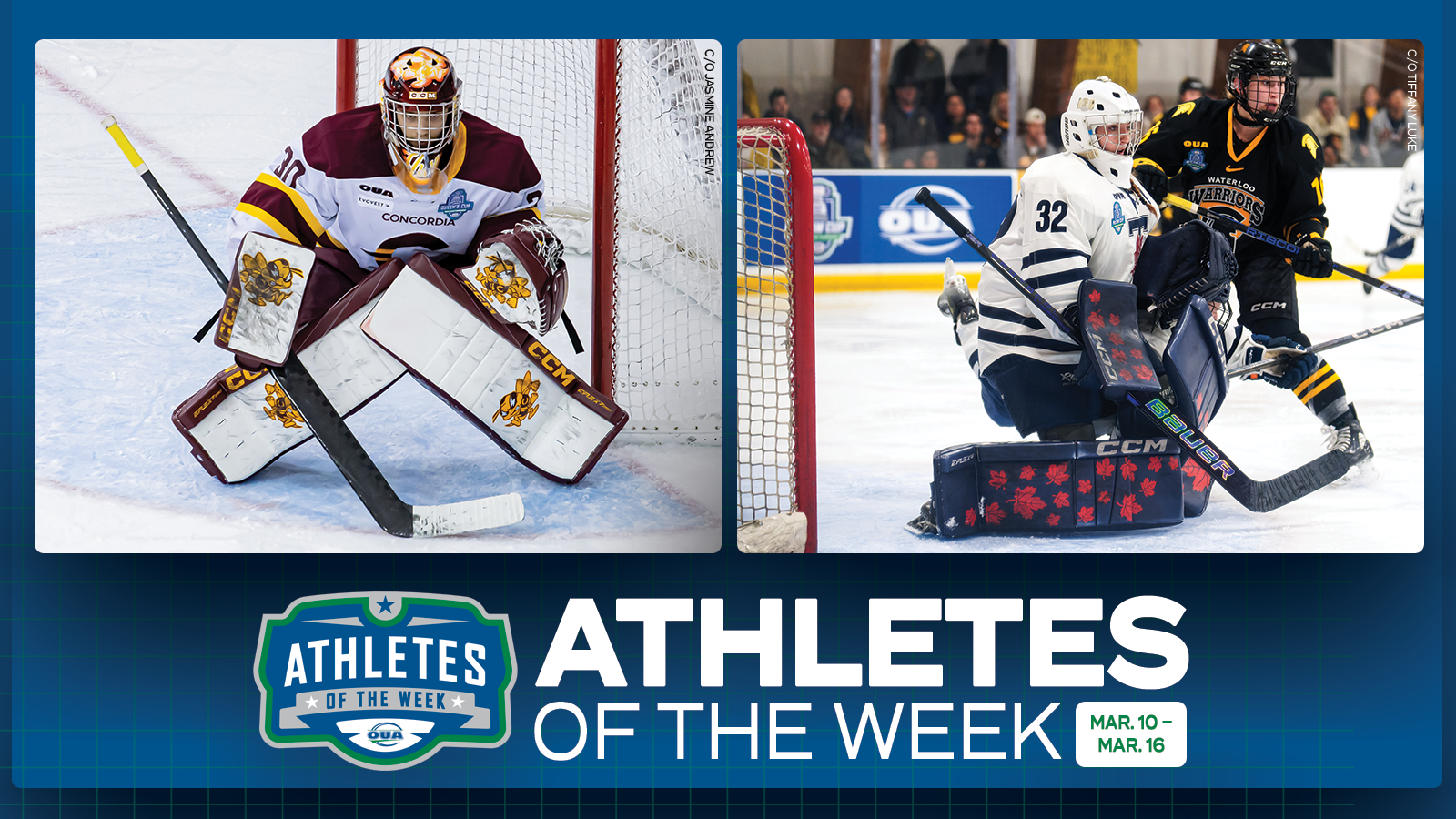 Graphic on predominantly blue background featuring action photo of Concordia Stingers men’s hockey player Nikolas Hurtubise and Toronto Varsity Blues women’s hockey player Lyla McKinnon along with the OUA Athletes of the Week logo and large white 'Athletes of the Week' text in the lower third