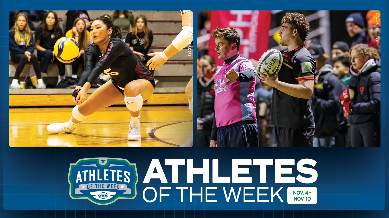 Graphic on predominantly blue background featuring action photo of McMaster Marauders Sullie Sundara and Guelph Gryphons David Scollon, along with the OUA Athletes of the Week logo and large white 'Athletes of the Week' text in the lower third
