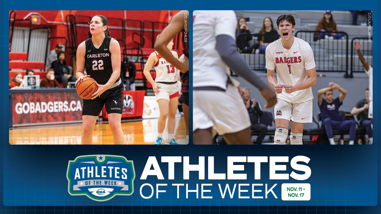 Graphic on predominantly blue background featuring action photo of Carleton Ravens Jacqueline Urban and Brock Badgers Devin Cooney along with the OUA Athletes of the Week logo and large white 'Athletes of the Week' text in the lower third
