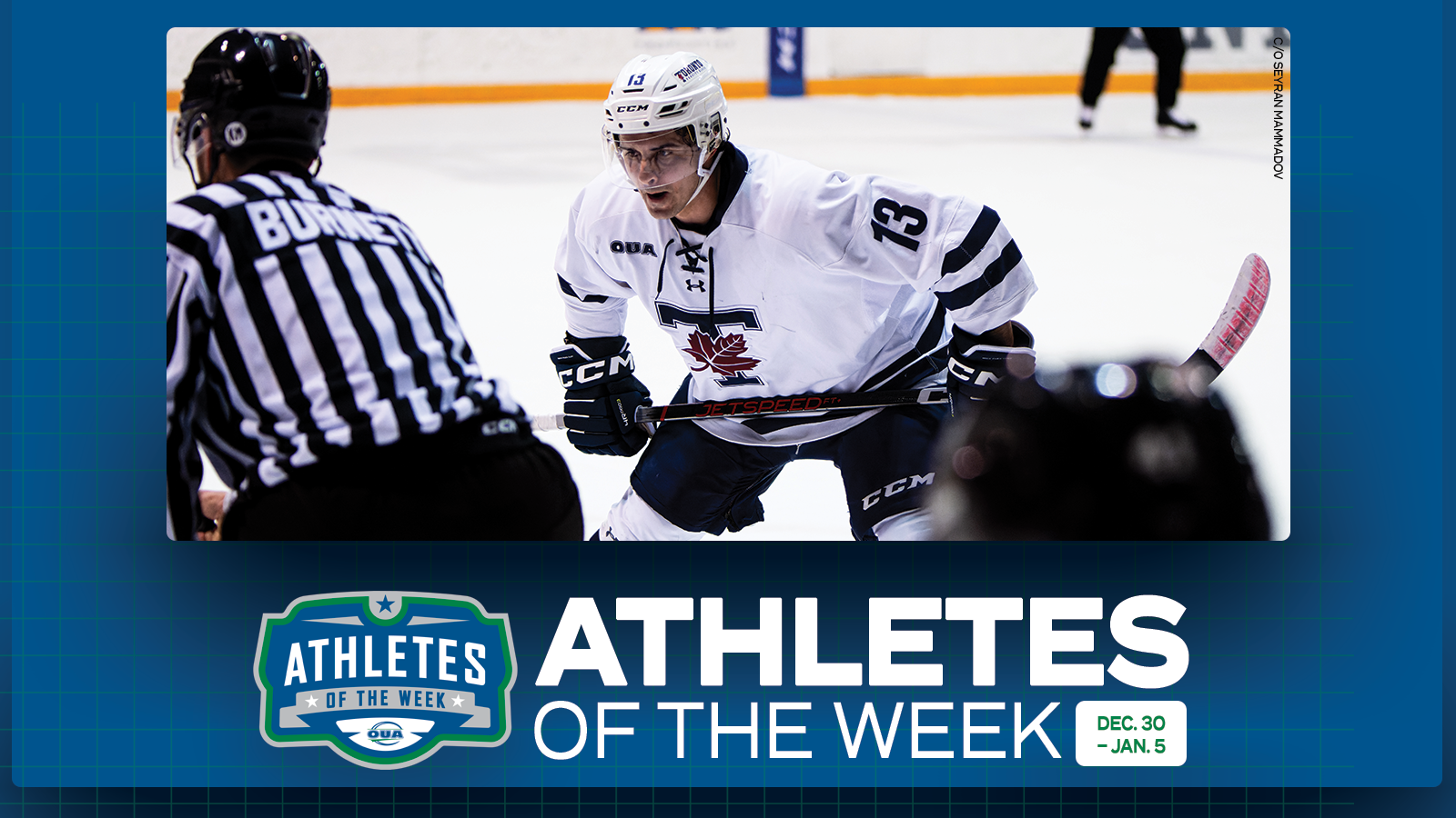 Graphic on predominantly blue background featuring action photo of Toronto Varsity Blues, Jacob King with his name, school, and sport placed below the photo, along with the OUA Athletes of the Week logo and large white 'Athletes of the Week' text in the lower third