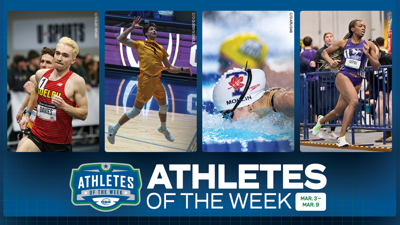 Graphic on predominantly blue background featuring action photo of Max Davies, Zig Licis, Nina Mollin, Favour Okpali along with the OUA Athletes of the Week logo and large white 'Athletes of the Week' text on the side