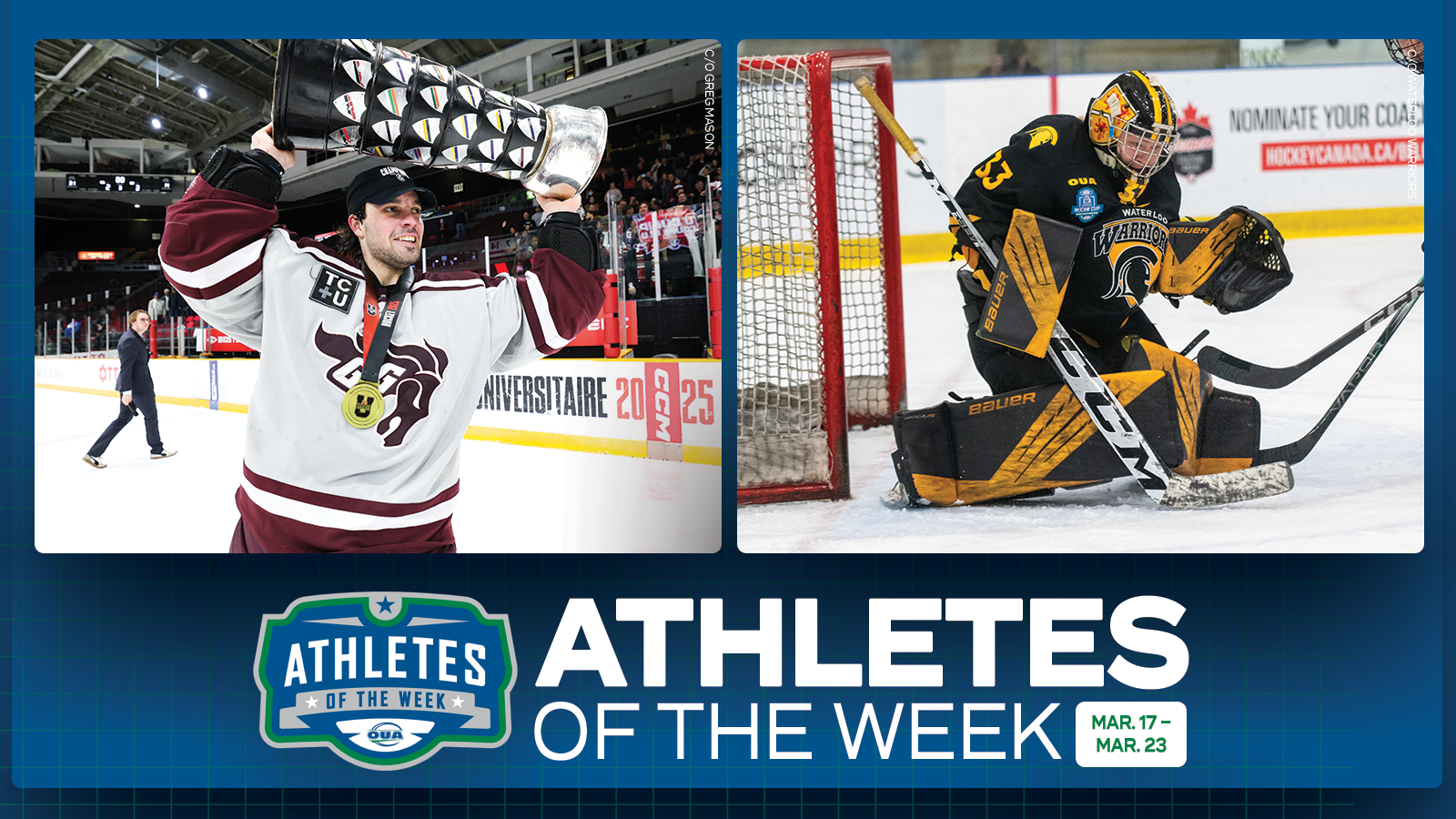 Graphic on predominantly blue background featuring action photo of Ottawa Gee-Gees Franky Lapenna and Waterloo Warriors Kara Mark along with the OUA Athletes of the Week logo and large white 'Athletes of the Week' text in the lower third