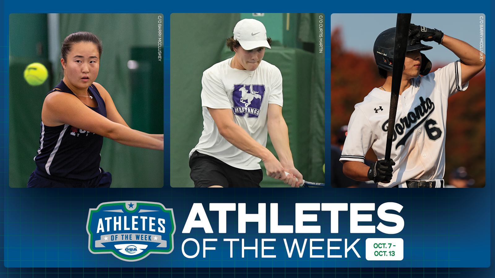 Graphic on predominantly blue background featuring action photo of Toronto Varsity Blues women?s tennis player Winne Choi, Western Mustangs Men?s tennis player Liam Drover-Mattinen and Toronto Varsity Blues baseball player Ryan Hsu, along with the OUA Athletes of the Week logo and large white 'Athletes of the Week' text in the lower third
