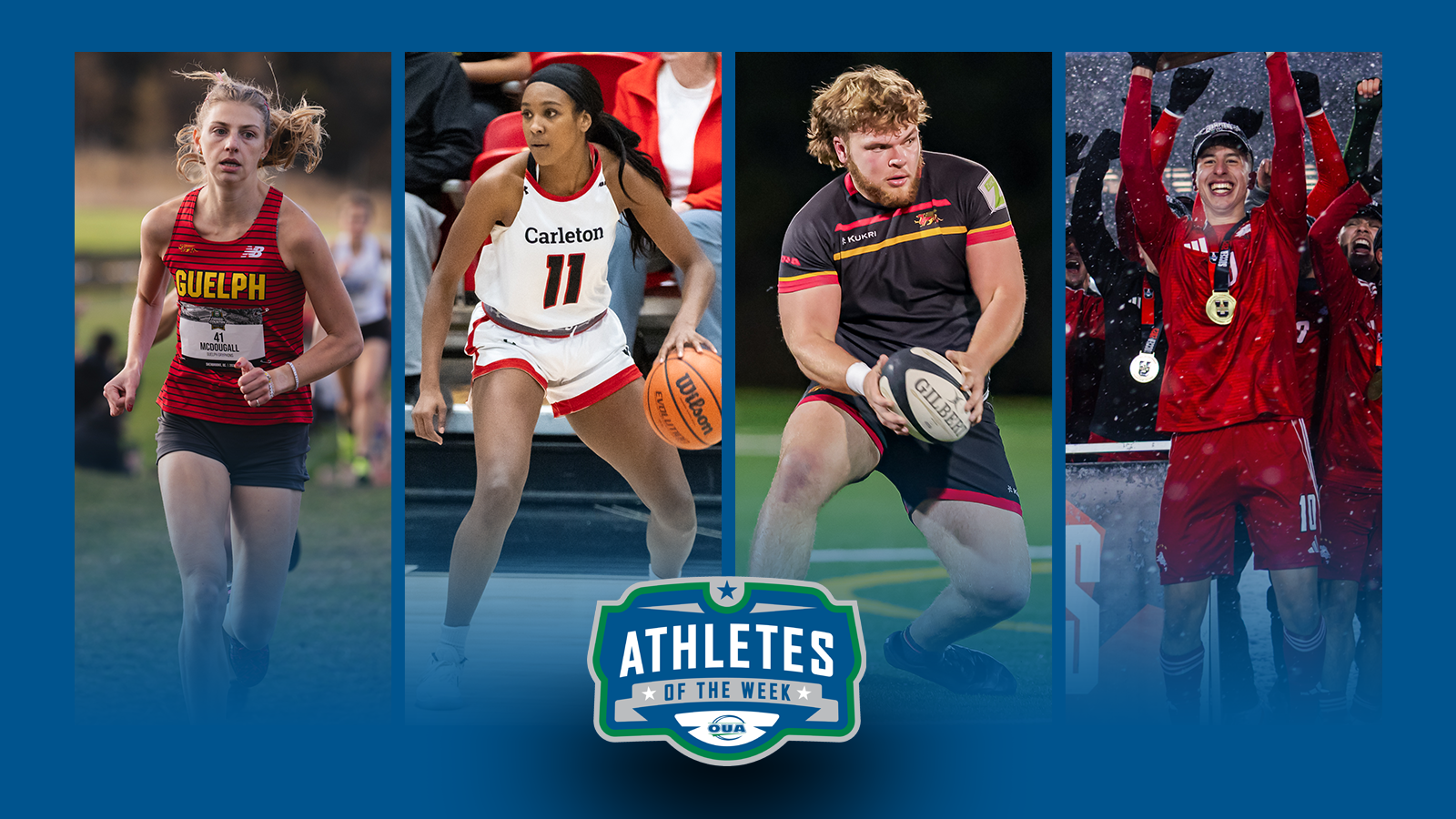 Graphic on predominantly blue background featuring action photo of Alexandra McDougall, Kyana-Jade Poulin, Owen Williams, Christian Zeppieri along with the OUA Athletes of the Week logo in the lower third.
