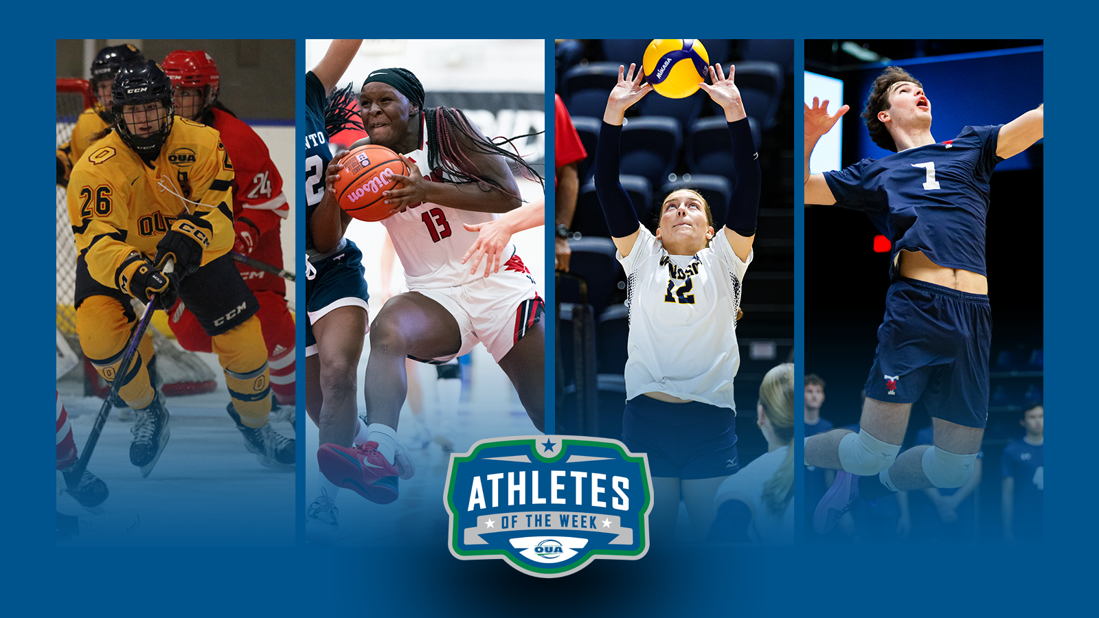 Graphic on predominantly blue background featuring action photo of Mikayla Cranney, Kiara Leveridge, Danika Scharff, and Iannis Toma along with the OUA Athletes of the Week logo in the lower third.