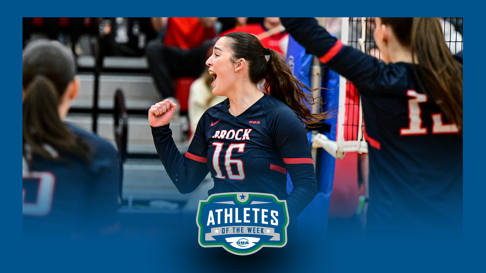 Graphic on predominantly blue background featuring action photos of Daryan Chadwick along with the OUA Athletes of the Week logo in the lower third.