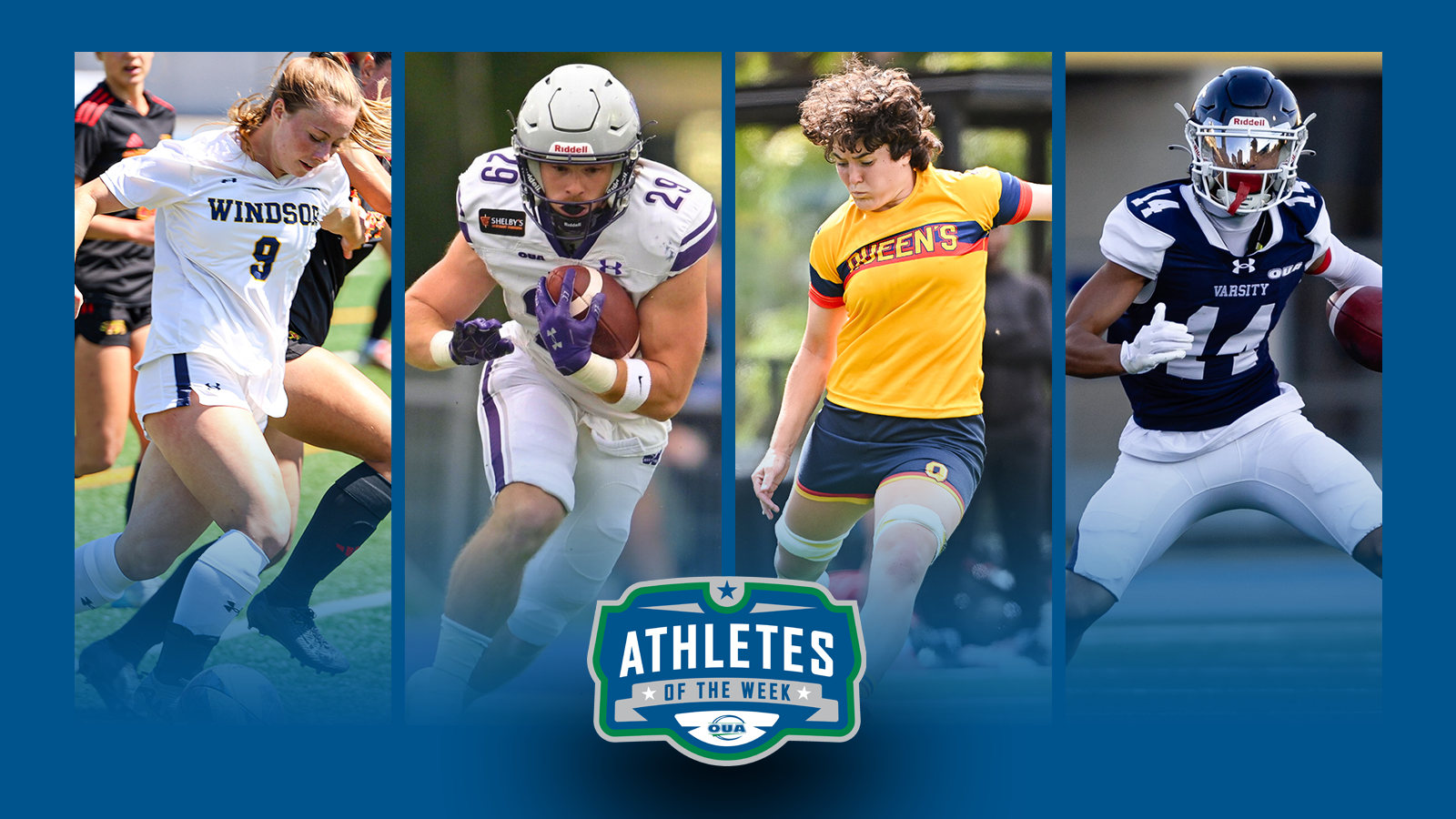 Graphic on predominantly blue background featuring action photo of Avery Comartin, Ethan Dolby, Lizzie Gibson, and Chris Joseph along with the OUA Athletes of the Week logo in the lower third