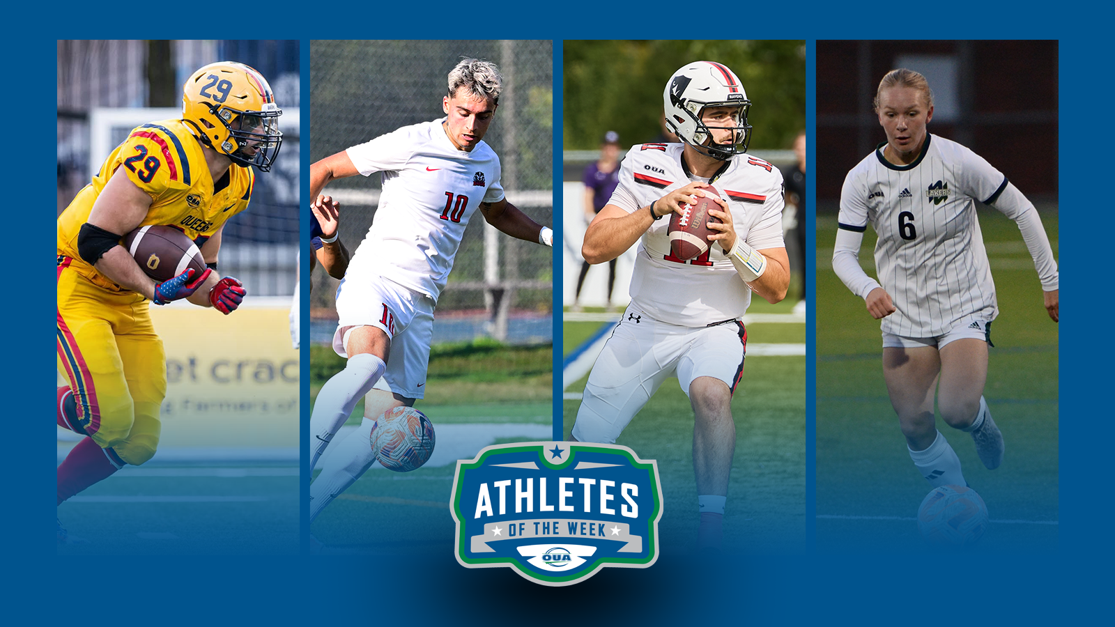 Graphic on predominantly blue background featuring action photo of Jared Chisari, Luca Danesi, Tristan Lefebvre, and Annika Nolte along with the OUA Athletes of the Week logo in the lower third.