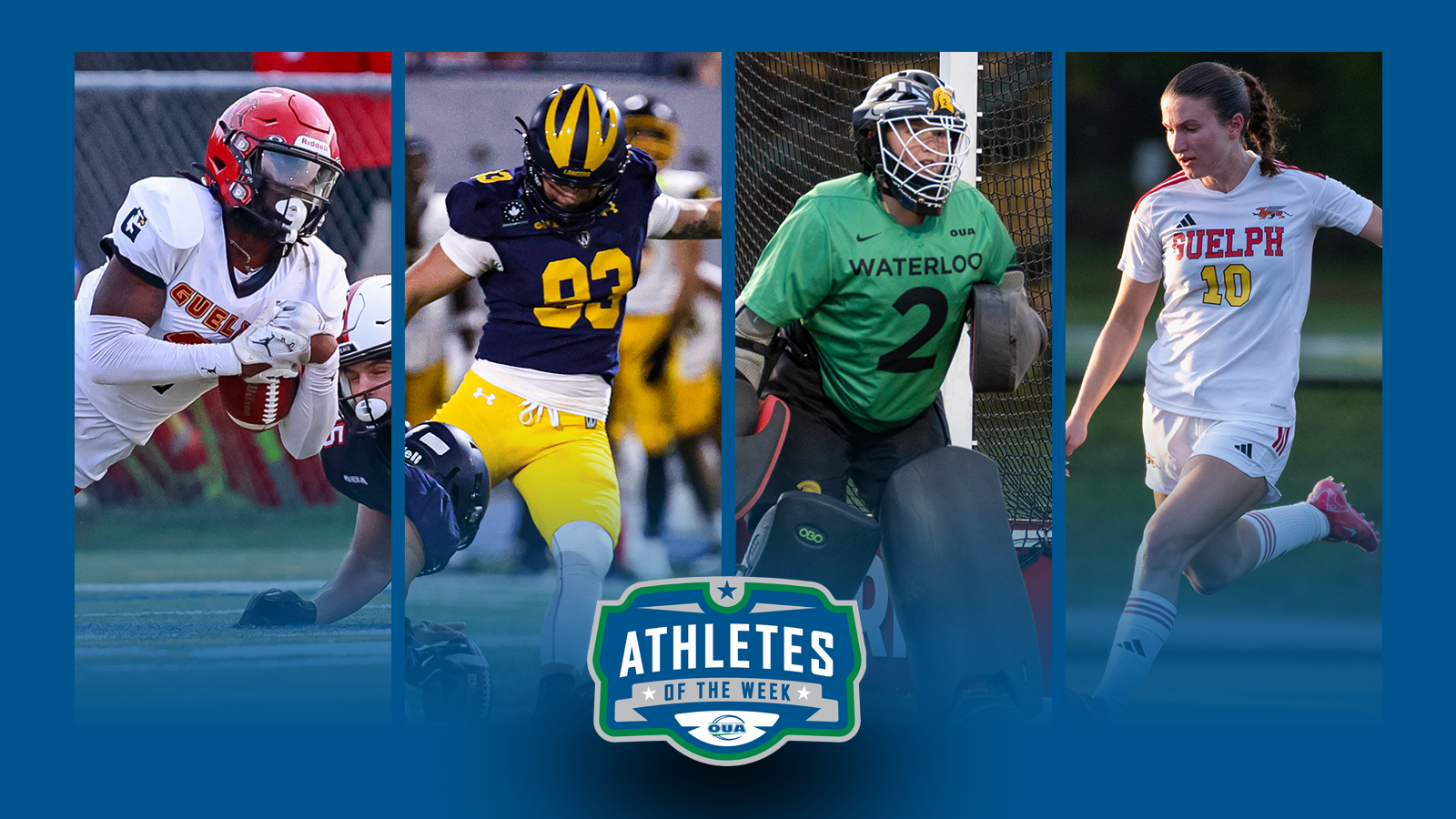 Graphic on predominantly blue background featuring action photo of Gianni Green, Brady Lidster, Grace Miller, Olivia Rizakos along with the OUA Athletes of the Week logo in the lower third.