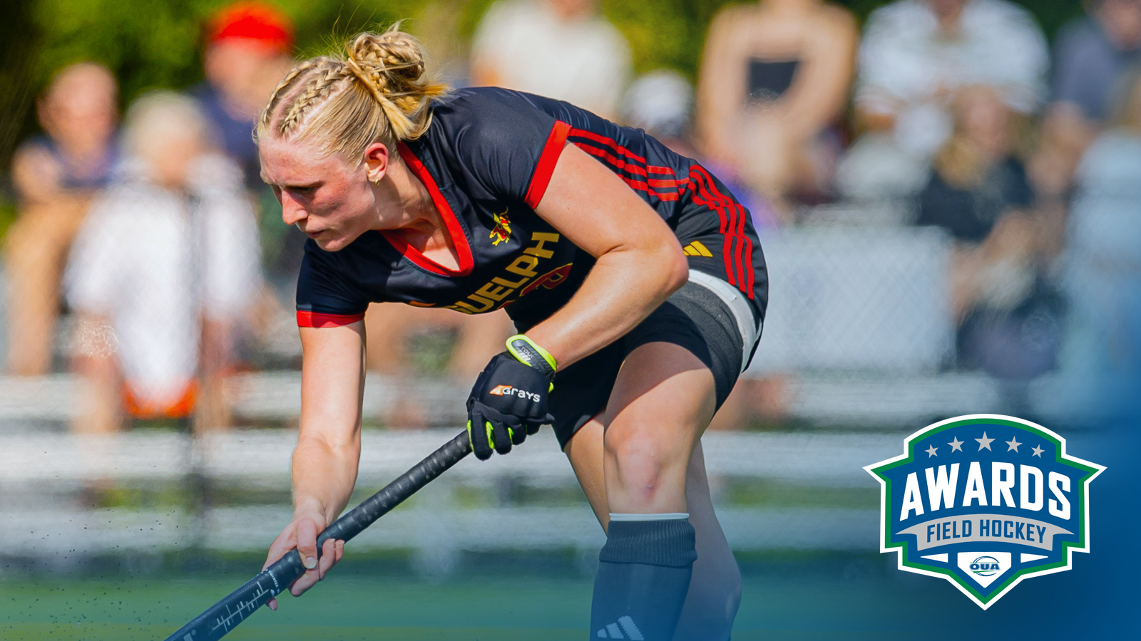 Action photo Guelph Gryphons women’s field hockey player Abby Warriner with a blue overlay, alongside the OUA Field Hockey Awards logo.