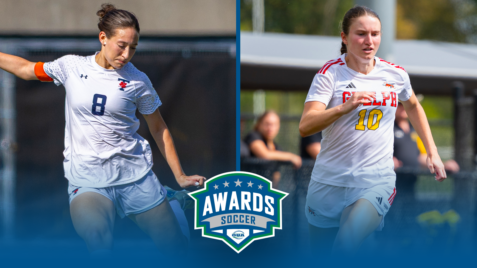 Graphic on a predominantly blue background featuring Toronto Varsity Blues women’s soccer player Hannah Chown and  Guelph Gryphons women’s soccer player Olivia Rizakos OUA Women’s Soccer Awards logo.