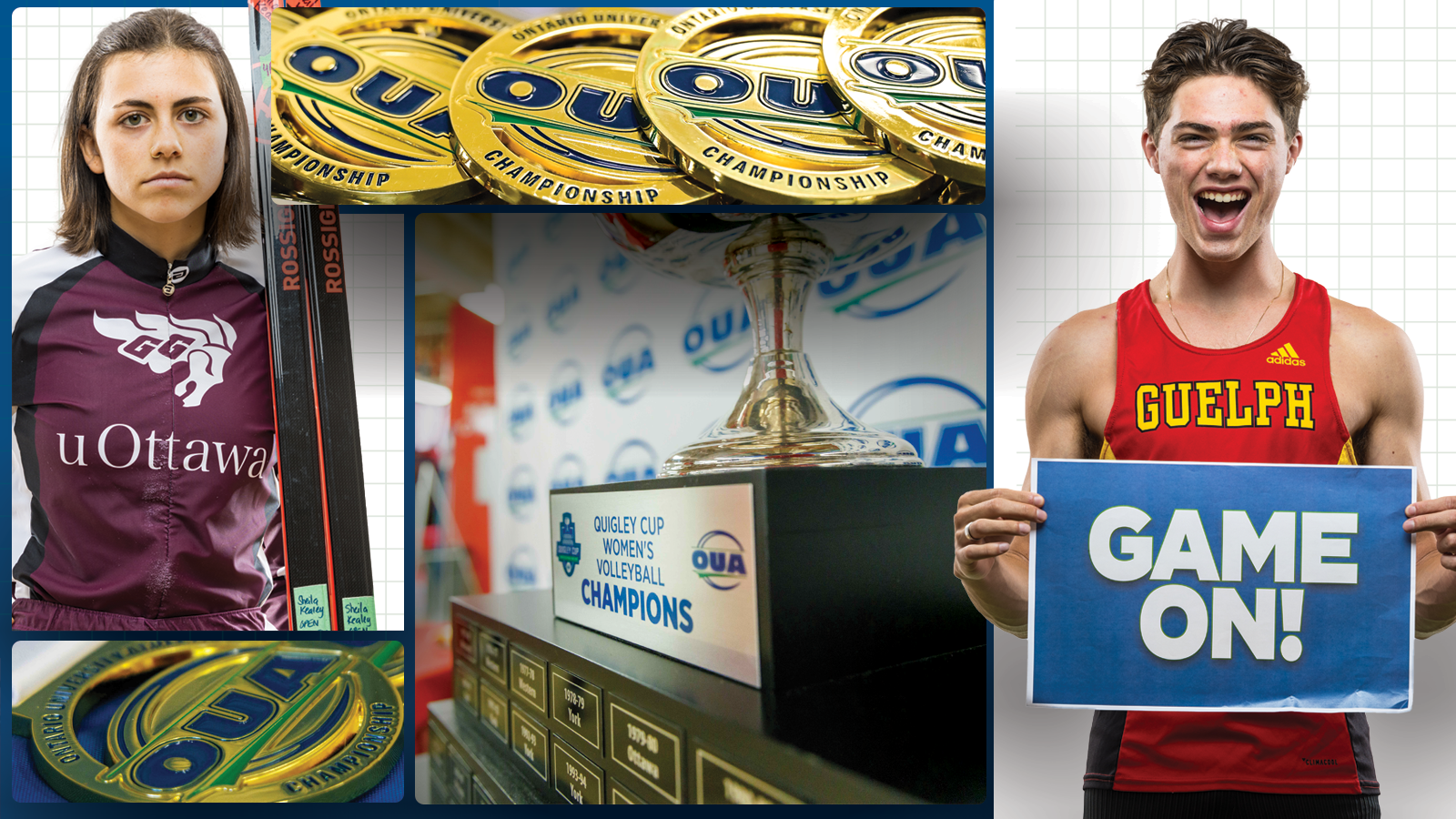 Collage of championship-related photos, including two student-athletes - one holding up a 'Game On' sign and the other holding up skis - two photos of OUA gold medals, and one photos of the Quigley Cup women's volleyball trophy