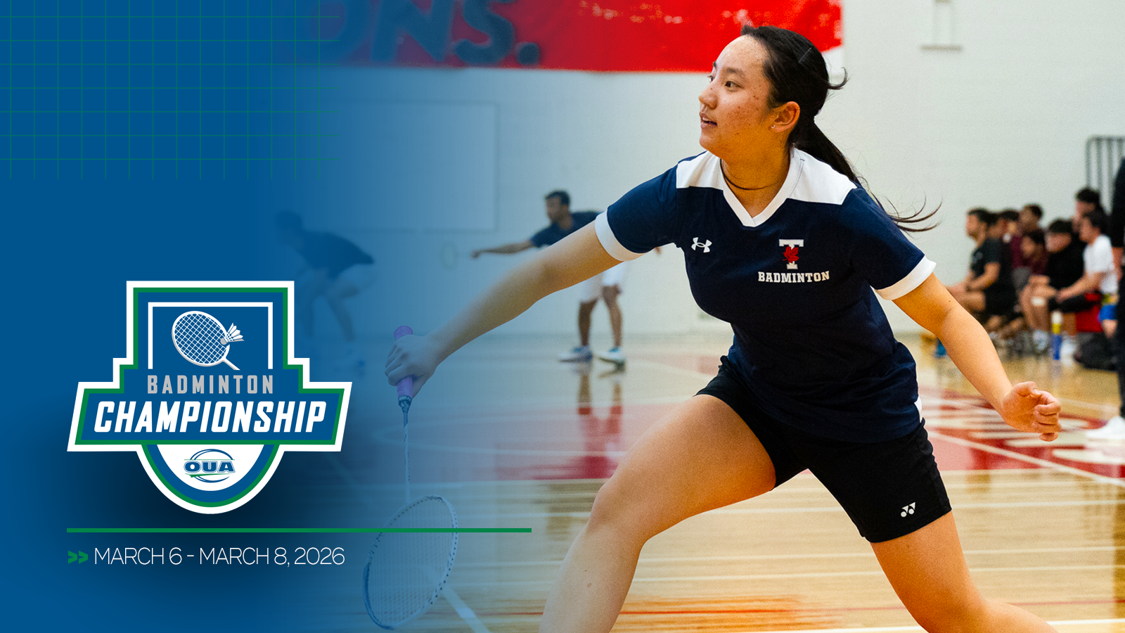 Graphic featuring a Toronto badminton player, with a blue gradient overlap on the left and the Badminton Championship logo and championship date included in the bottom left corner