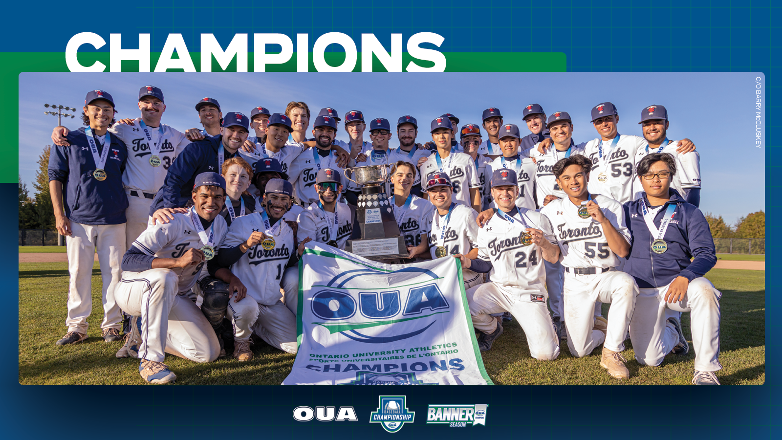 Graphic with blue background featuring banner photo from Toronto baseball team, with white text reading 'CHAMPIONS' written about the image