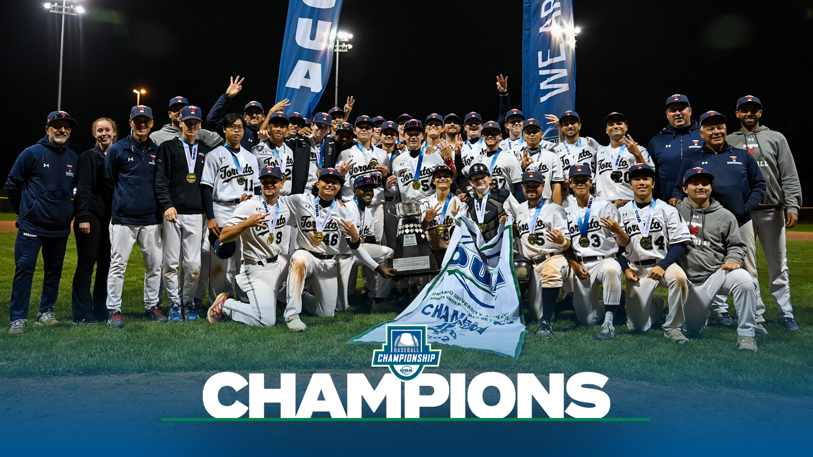 Banner photo of the Toronto Varsity Blues after winning the OUA Championship with a blue gradient on the bottom and the OUA Baseball Championship logo and the word Champions in large white letters. 