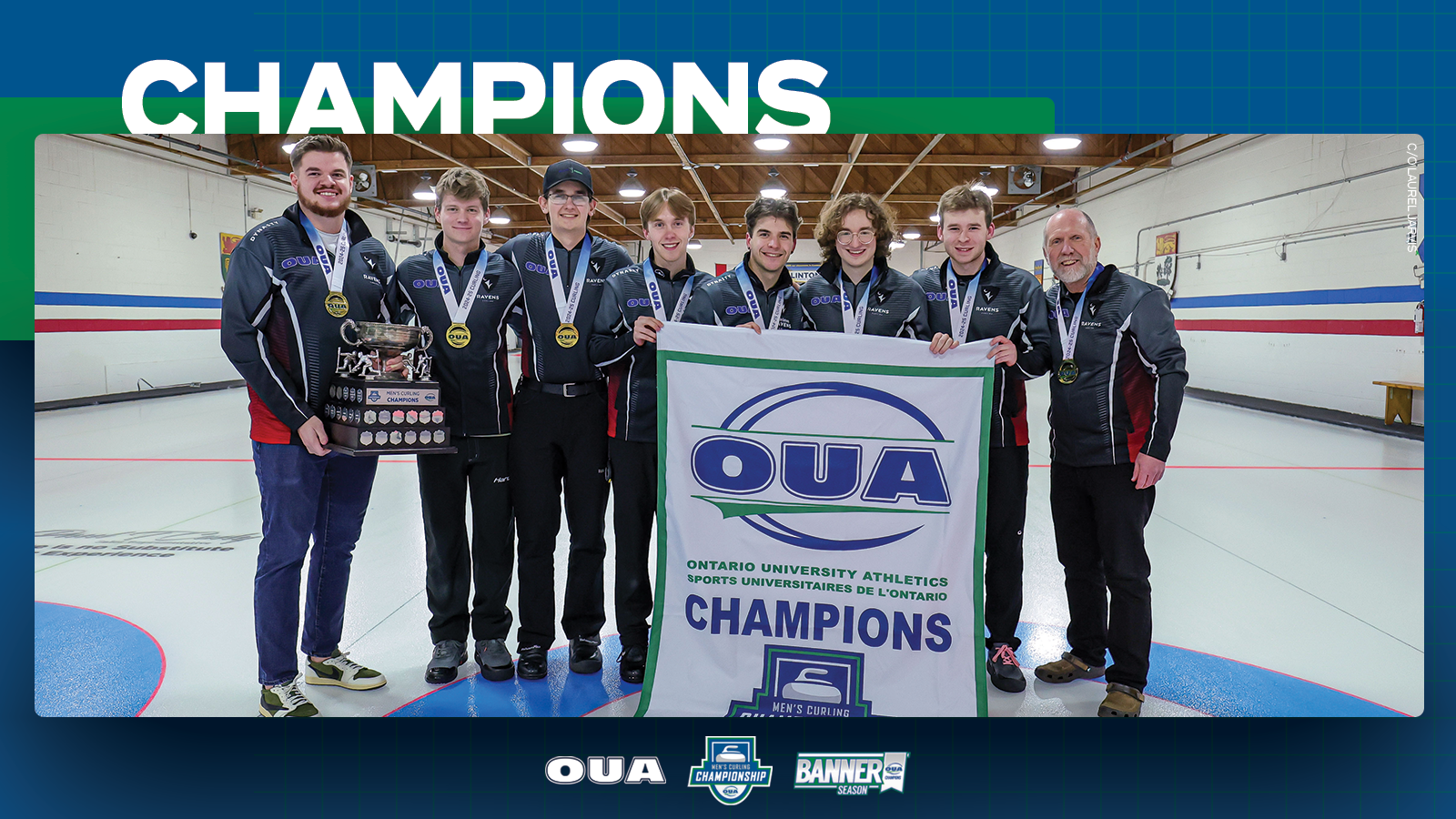 Graphic on blue background featuring banner-winning photo of the Carleton Ravens men?s curling team. Large white text reading, 'CHAMPIONS', is included in the top third 