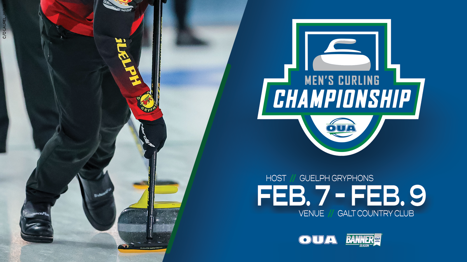 Graphic on a blue background with an action shot of a Laurier men’s curler and a Guelph men’s curler with the OUA Men’s Curling Championship logo and event details next to the photo.