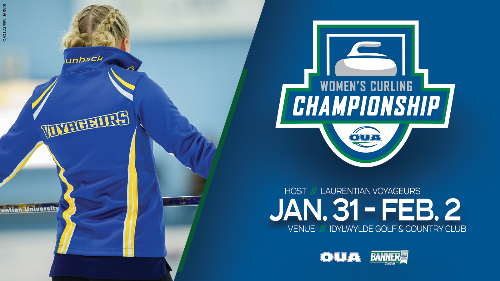 Graphic on a blue background with an action shot of a Laurentian women’s curler with the OUA Women’s Curling Championship logo and event details next to the photo.