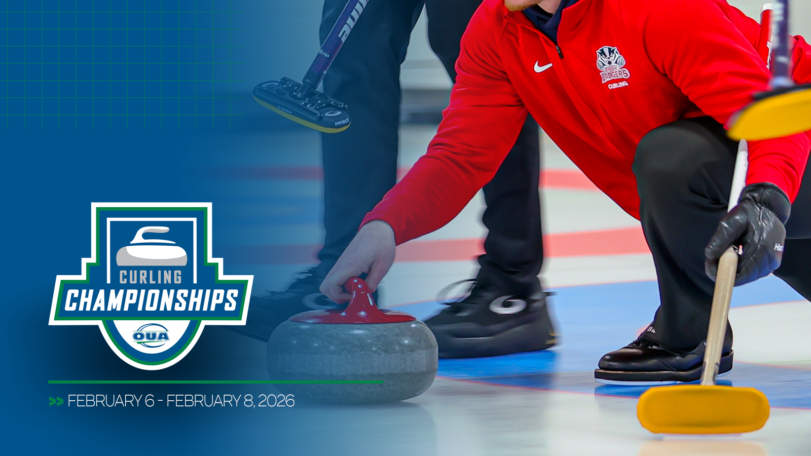 Photo of a Brock Badgers Curler with a blue gradient over the photo and the OUA curling logo in the corner with the date of the championship 