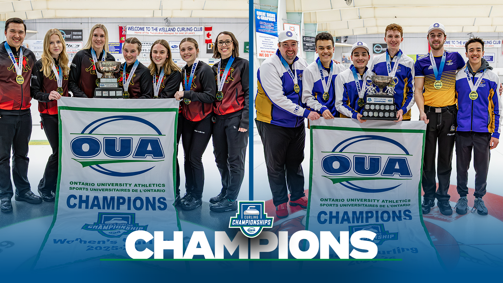 Banner photo of the Guelph Gryphons women's curling team and teh Laurier Golden Hawks men's curling team after winning the OUA Championship with a blue gradient on the bottom and the OUA Curling Championships logo and the OUA logo on the bottom and the word Champion in large white letters. 