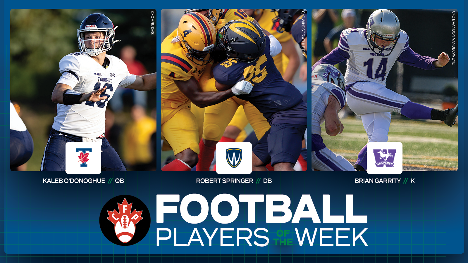 Graphic on blue background featuring action photos of Toronto football player Kalen O'Donoghue, Windsor football player Robert Springer, and Western football player Brian Garrity. The Canadian Football Perspective logo, alongside white text reading, 'Football Players of the Week', is featured in the lower third