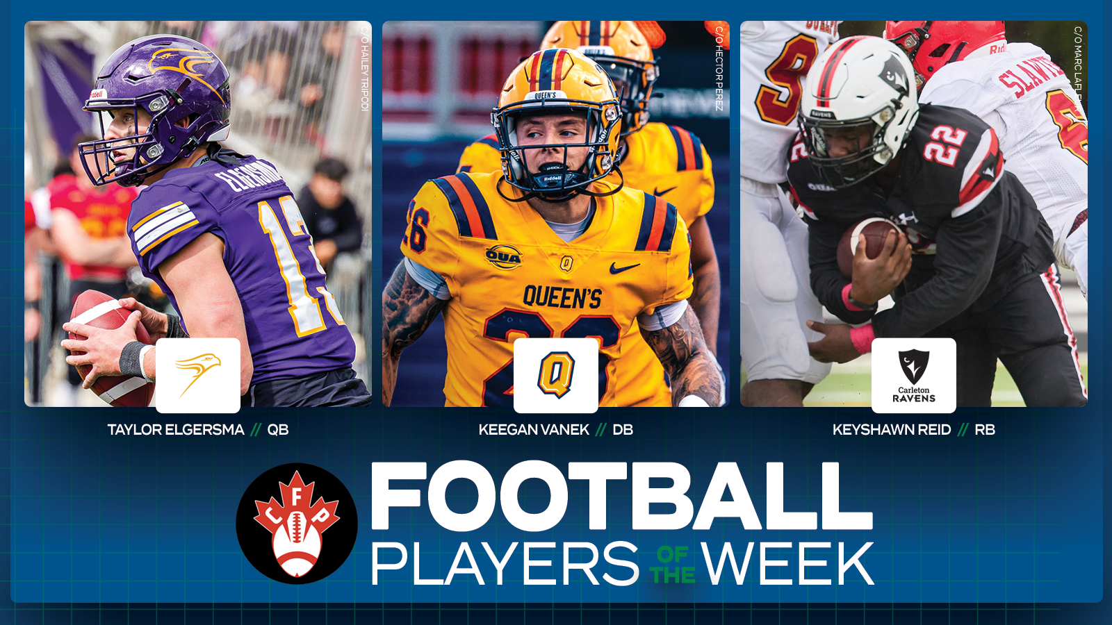 Graphic on predominantly blue background featuring an action photo of Laurier Golden Hawks football player Taylor Elgersma, Queen’s Gaels football player Keegan Vanek, and Carleton Ravens football player Keyshawn Reid with their name, school, and position placed below the photo, along with the Canadian Football Perspective logo and large white 'Football Player of the Week' text in the lower third.  