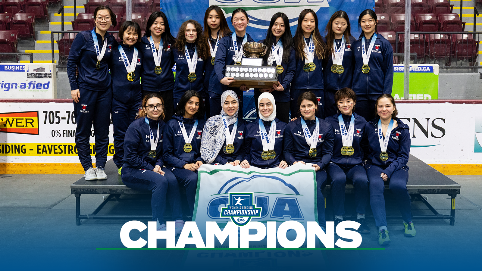 Banner photo of the Toronto Varsity Blues women's fencing team after winning the OUA Championship with a blue gradient on the bottom and the OUA women's fencing Championship logo on the bottom and the word Champion in large white letters. 