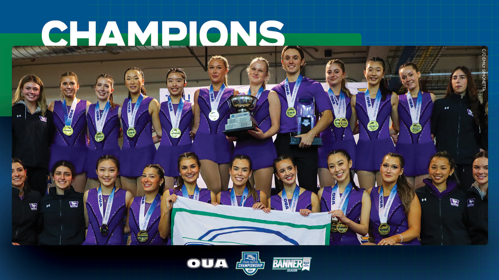 Graphic on blue background featuring banner-winning photo of the Western Mustangs figure skating team. Large white text reading, 'CHAMPIONS', is included in the top third.
