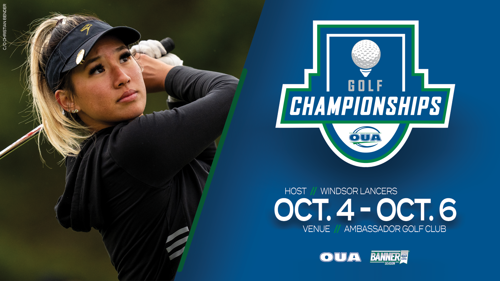 Graphic on blue background feature photo of Laurier women's golfer on the left side, and the OUA Golf Championships logo and date (Oct. 4 - Oct. 6) on the right