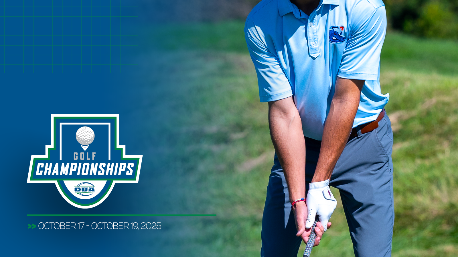 Graphic featuring zoomed in photo of an Ontario Tech golfer, with a blue gradient overlap on the left and the OUA Golf Championships logo and championship dates included in the bottom left corner