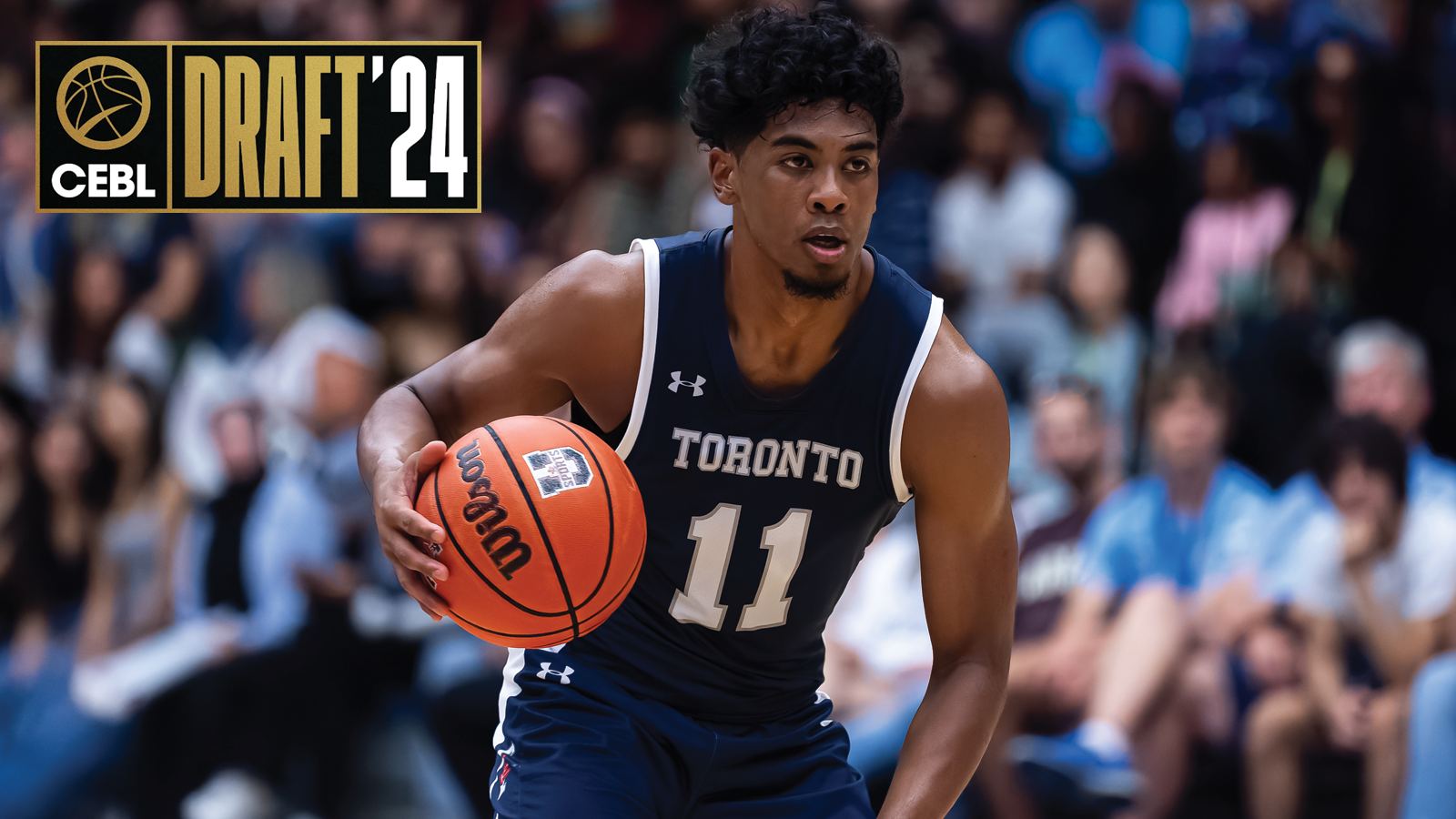 Toronto men's basketball player Callum Baker dribbling the ball on the court during a game, and the 2024 CEBL Draft logo in the top left corner