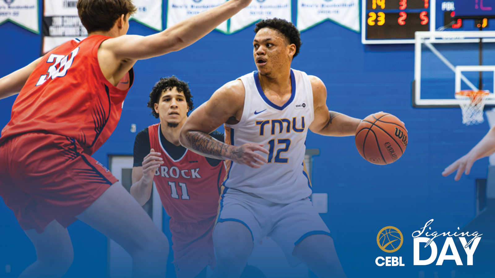 Action photo of TMU Bold Men's Basketball player Aaron Rhooms with the CEBL Signing day logo in the corner of the graphic 