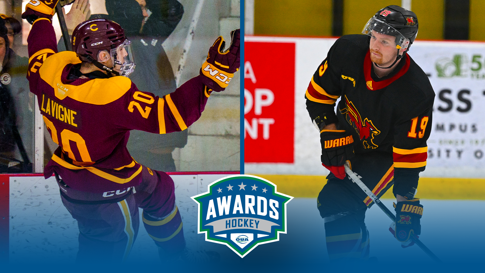 An action photo of Simon Lavigne of the Concordia Stingers and a photo of Nolan Dann of the Guelph Gryphons during game play. A blue gradient rises from the bottom of the graphic along with a men’s hockey awards logo.