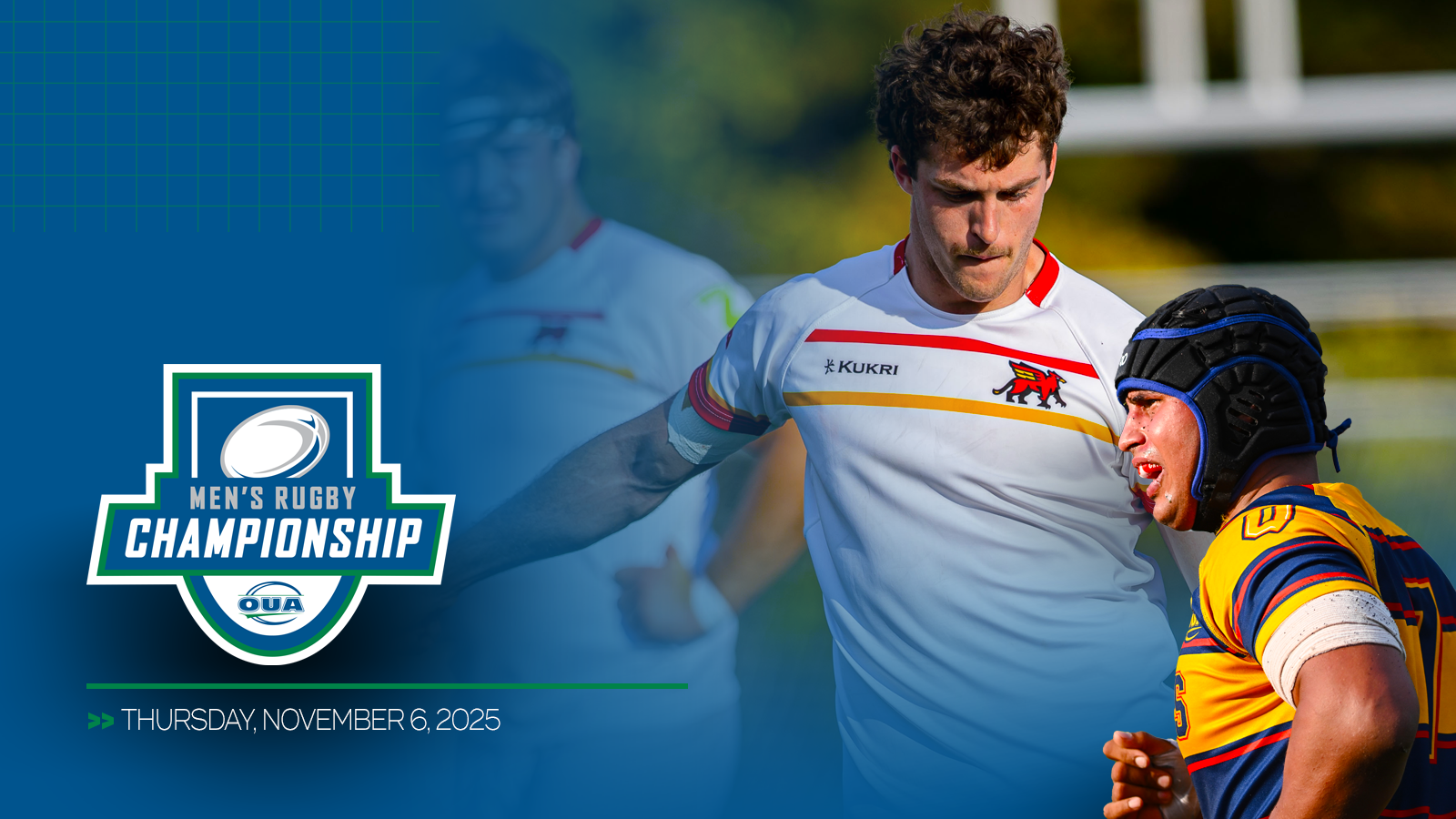 Action photo of a Guelph Gryphon rugby player and a cutout of a Queen's rugby player with the Championship logo and event details below 