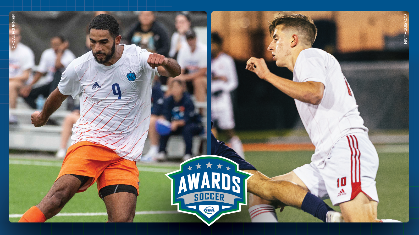 Graphic on predominantly blue background featuring photos Ontario Tech men’s soccer player Omar Marzouk and York men’s soccer player Christian Zeppieri, and the OUA soccer awards logo centered in the lower third