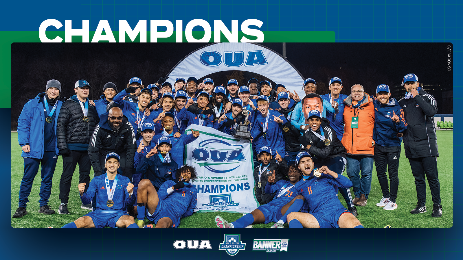 Graphic on blue background featuring banner-winning photo of the Ontario Tech men’s soccer team. Large white text reading, 'CHAMPIONS', is included in the top third 