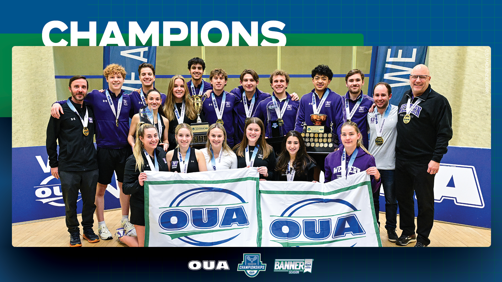 Graphic on blue background featuring banner-winning photo of the Western Mustangs men?s & women?s squash teams. Large white text reading, 'CHAMPIONS', is included in the top third 
