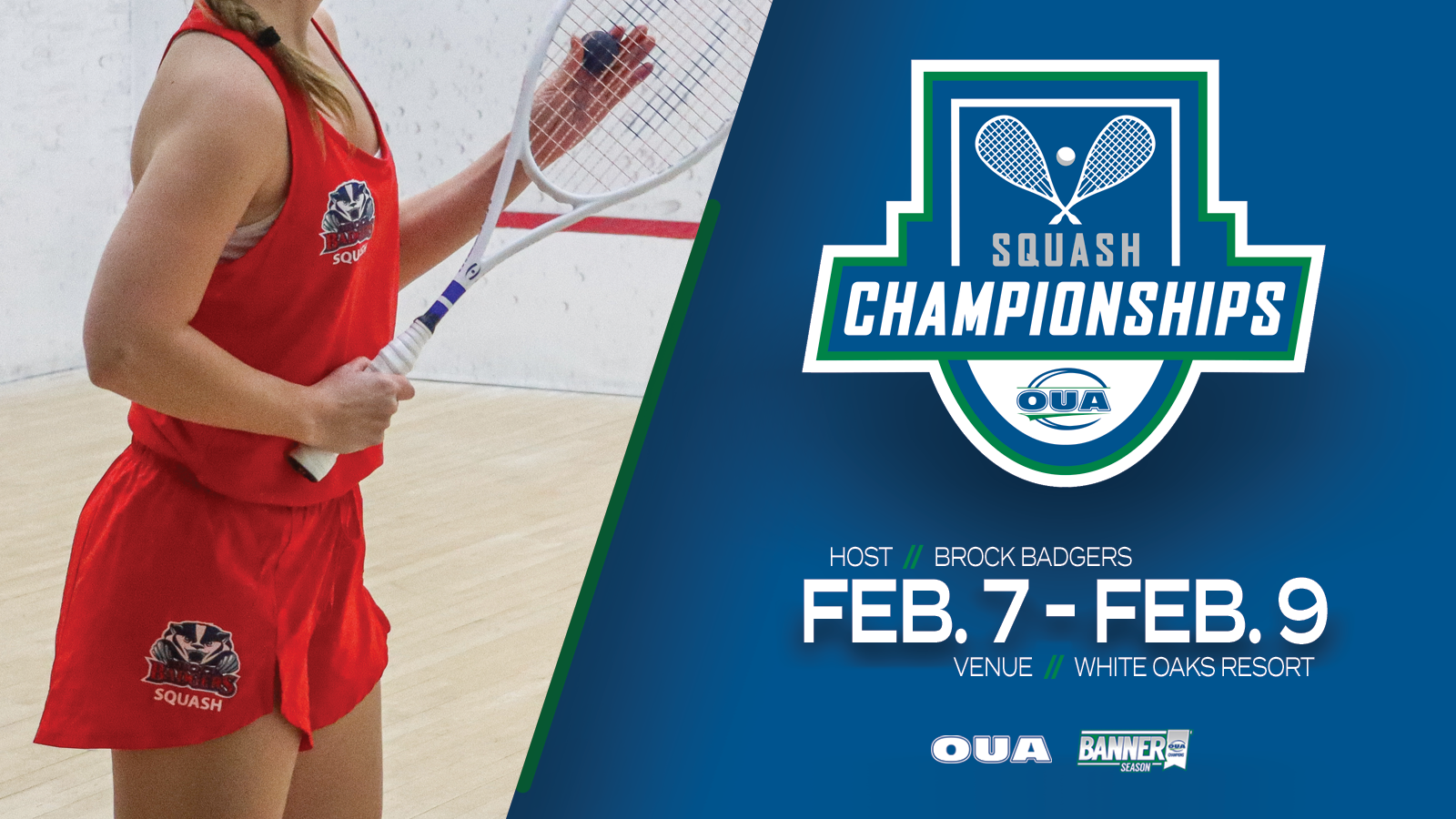 Graphic on a blue background with an action shot of a Brock women’s squash player with the OUA Squash Championships logo and event details next to the photo.