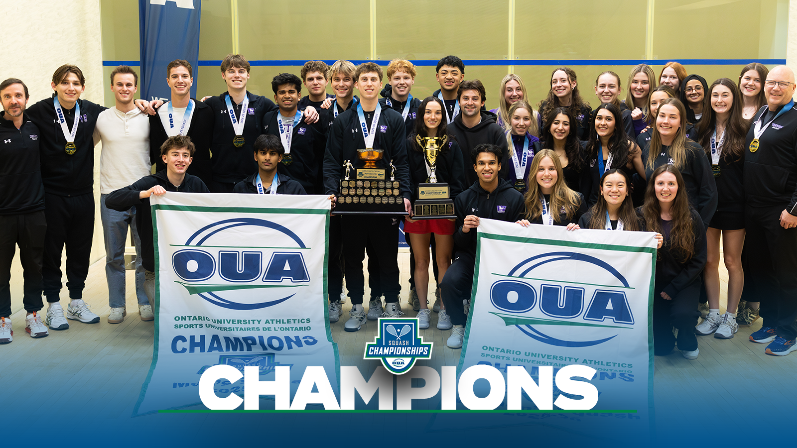 Banner photo of the western women's and men's Squash team after winning the OUA Championship with a blue gradient on the bottom and the OUA Squash Championships logo and the  logo on the bottom and the word Champion in large white letters. 
