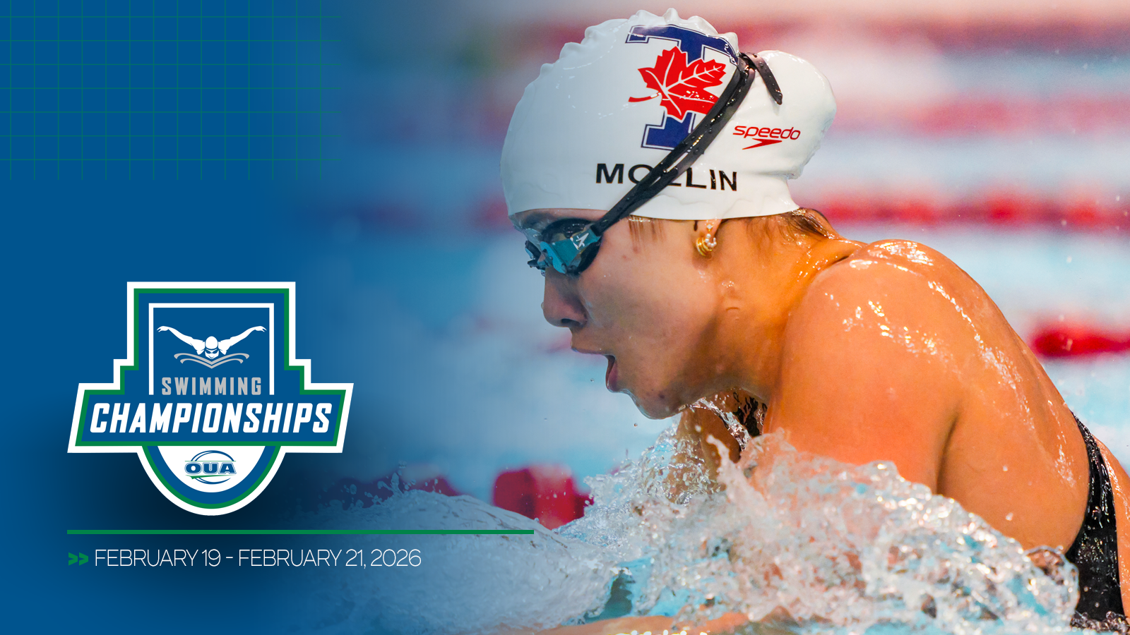  Action photo of a Toronto women's swimmer, with a blue gradient over the photo, and the OUA Swimming Championship logo in the corner with the event date below. 