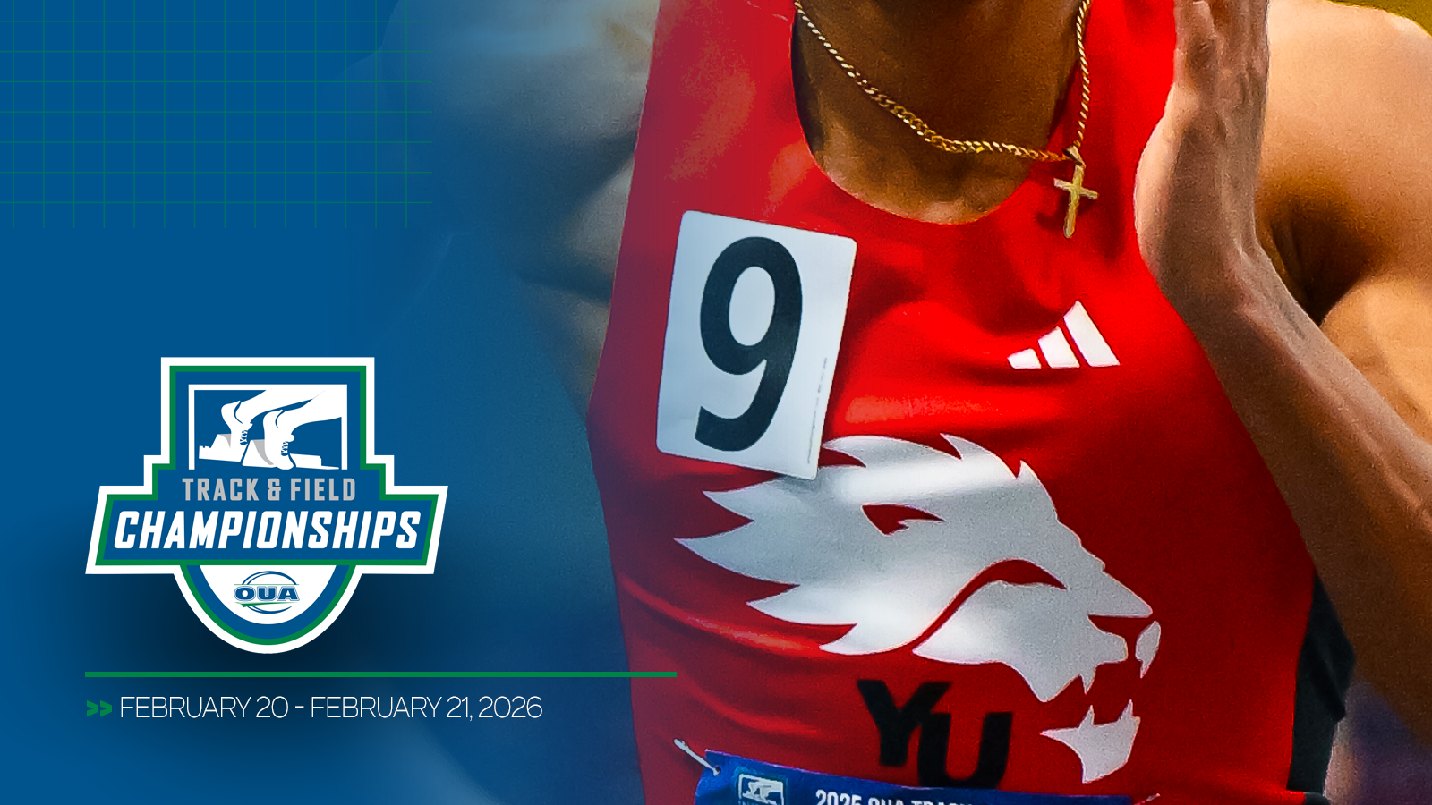  Action photo of a York Lions track athlete, with a blue gradient over the photo, and the OUA Track & Field Championship logo in the corner with the event date below.  