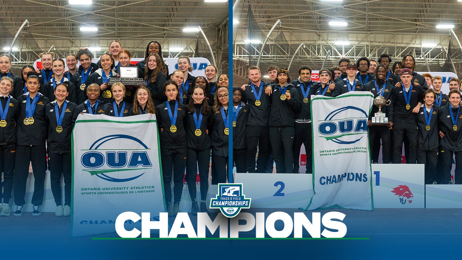 Banner photo of the Guelph Gryphons women's and men's Track and Field teams after winning the OUA Championship with a blue gradient on the bottom and the OUA Track and Field Championships logo and the OUA logo on the bottom and the word Champion in large white letters. 