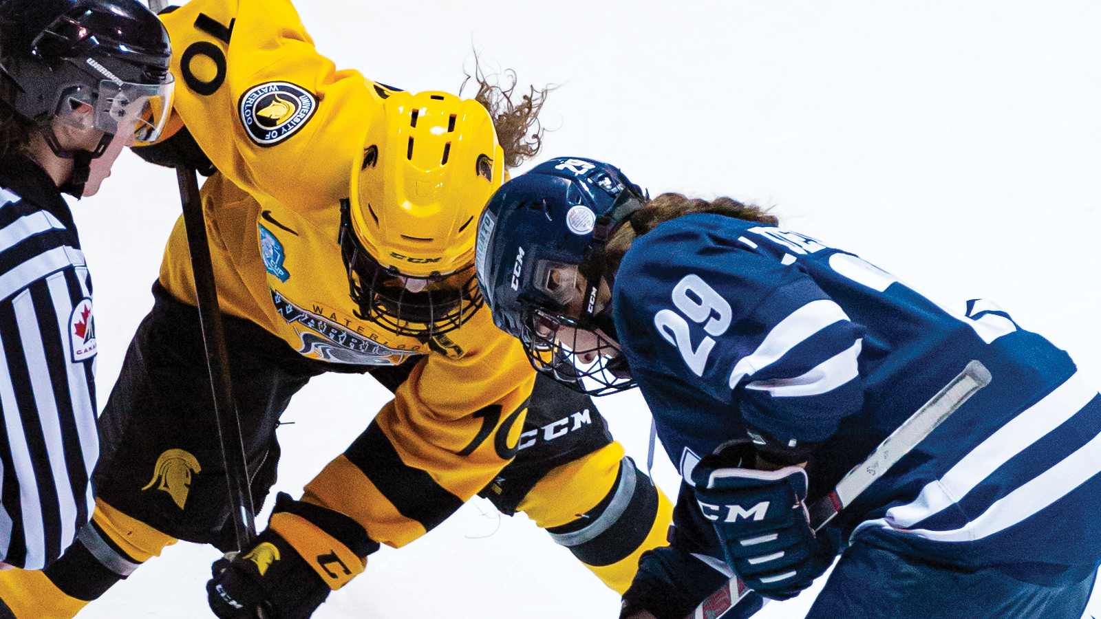 Women's hockey players from Waterloo and Toronto taking a faceoff during the OUA championship game