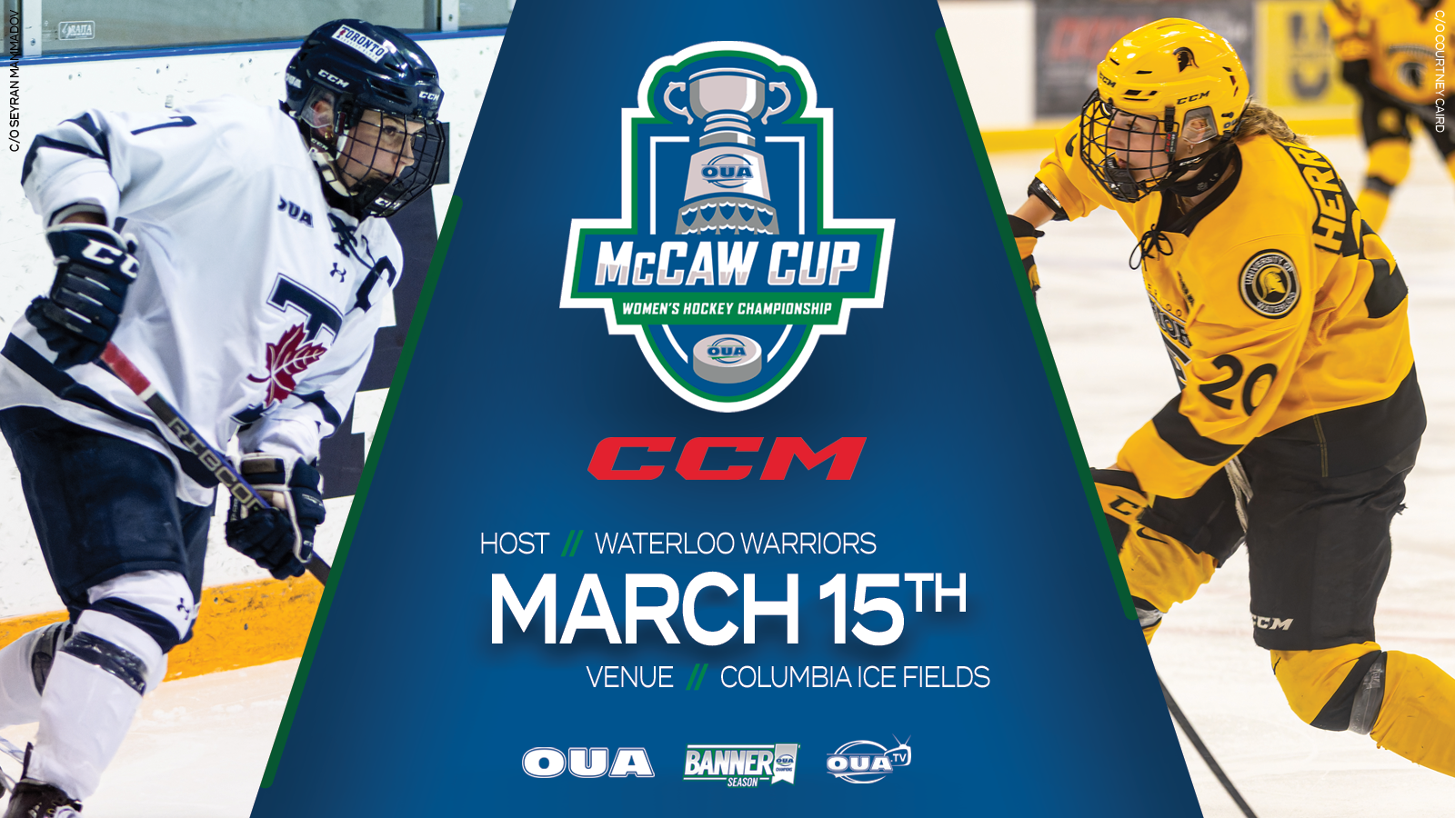 Graphic on a blue background with an action shot of a Toronto women’s hockey player on one side and a Waterloo women’s hockey player on the other with the OUA women’s hockey championship logo and event details in the middle.