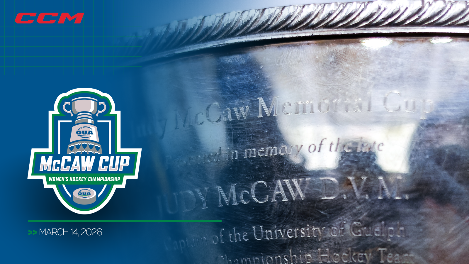 Graphic featuring zoomed in photo of the McCaw Cup trophy, with a blue gradient overlap on the left and the McCaw Cup logo and championship date included in the bottom left corner