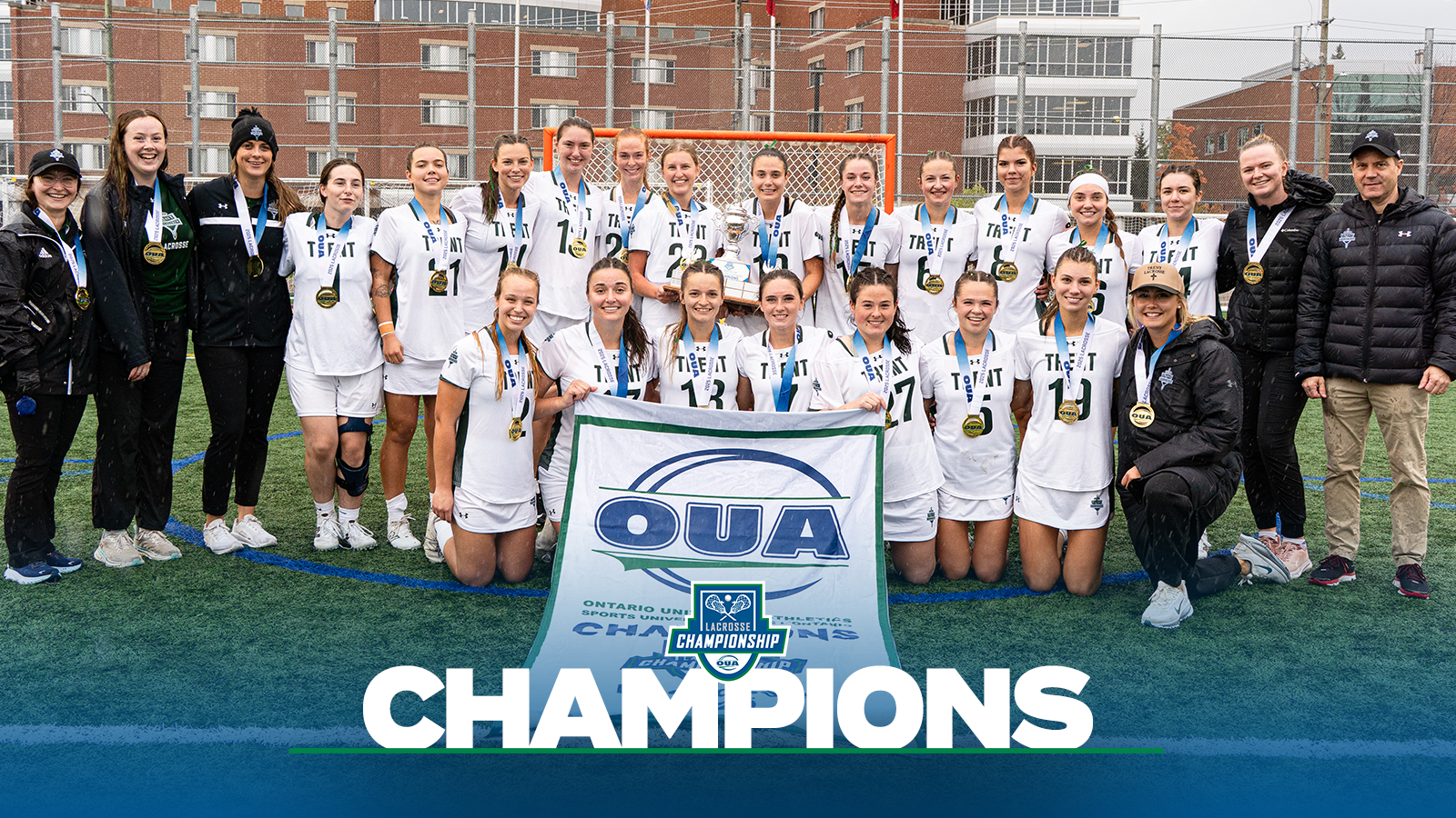 Banner photo of the Trent Excalibur lacrosse team after winning the OUA Championship with a blue gradient on the bottom and the OUA Lacrosse Championship logo and the word Champions in large white letters. 